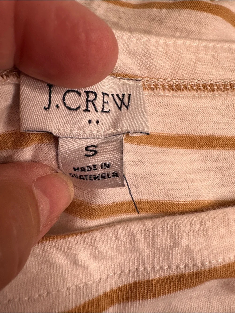 J. Crew Crewneck Long-Sleeve White Top with Tan Stripes